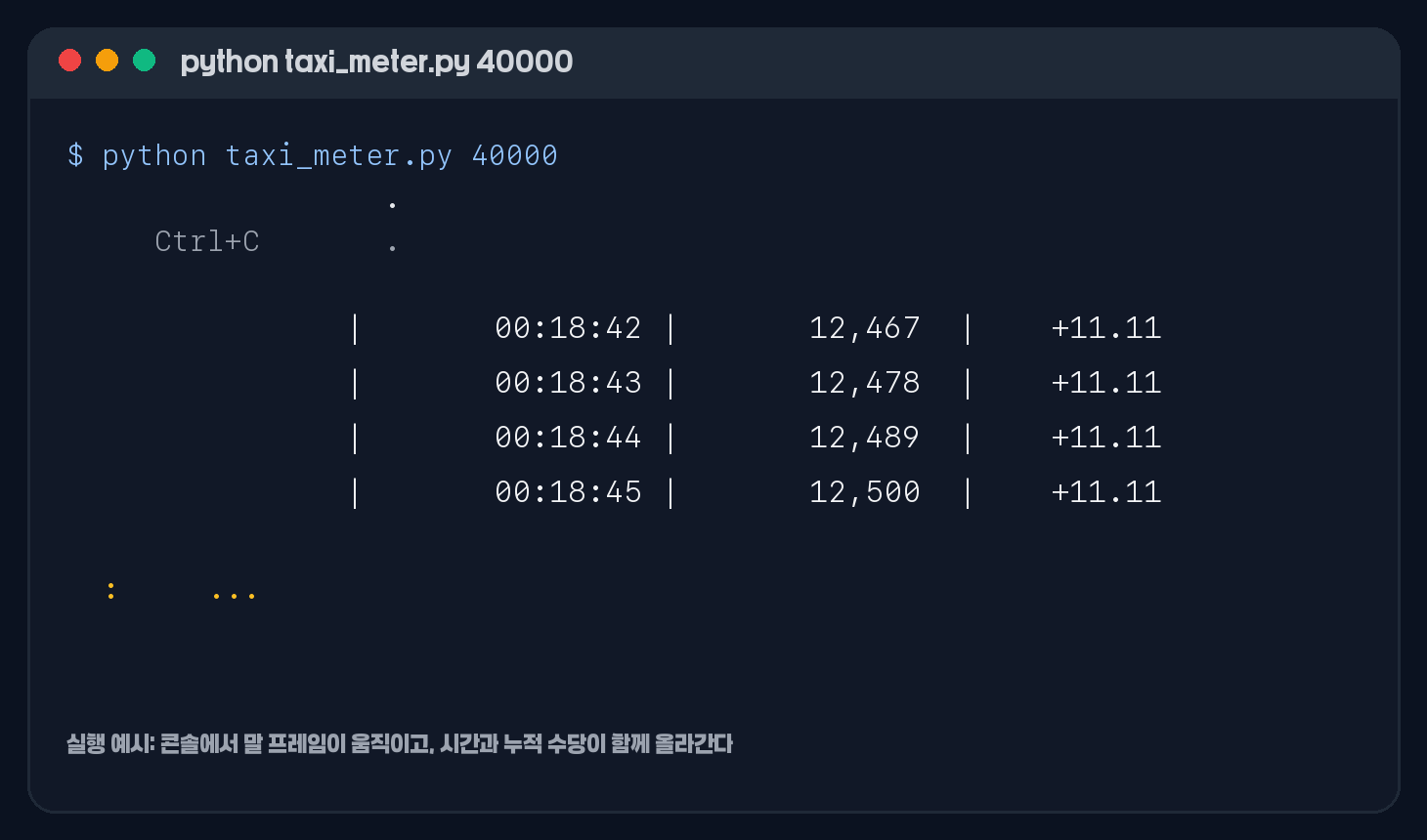 파이썬 택시 미터기 콘솔 출력 예시