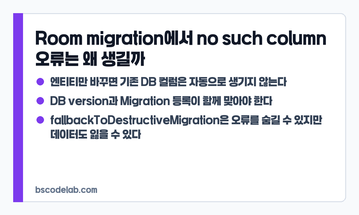 Room migration no such column 오류 원인 카드