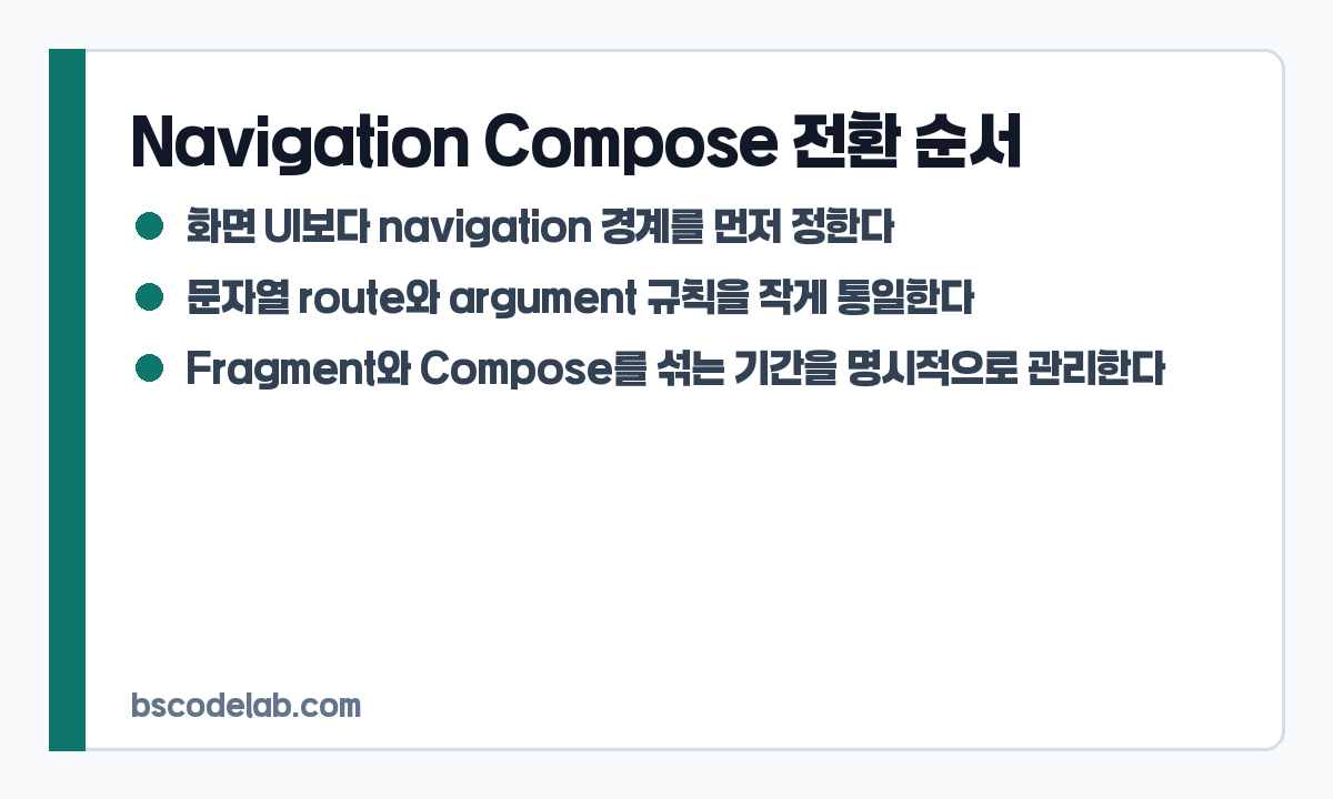 Navigation Compose 전환 순서 요약 카드