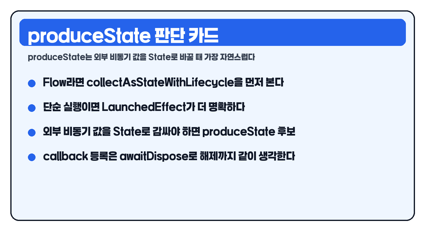 produceState 사용 기준을 정리한 요약 카드