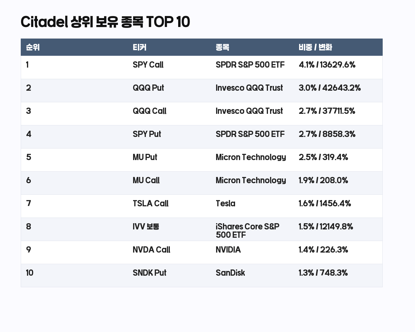 Citadel 13F 상위 항목 TOP 10 표