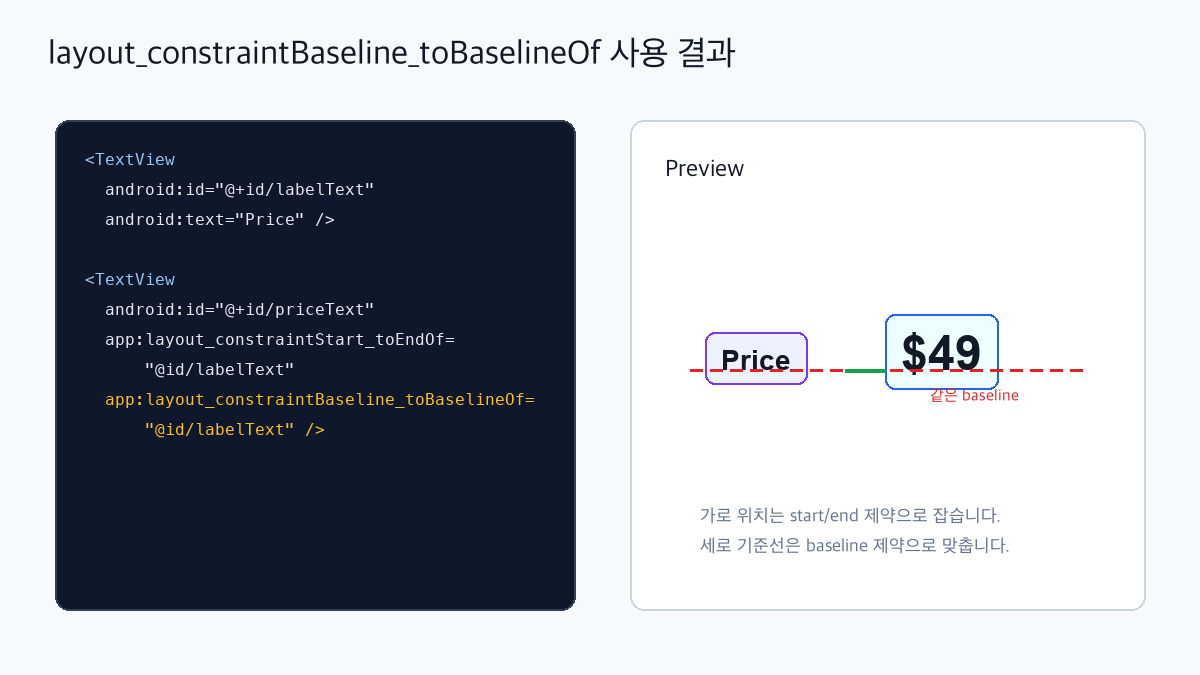 ConstraintLayout baseline XML 예시와 결과 이미지