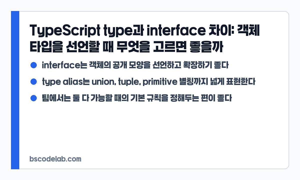 TypeScript type interface 차이 요약 카드